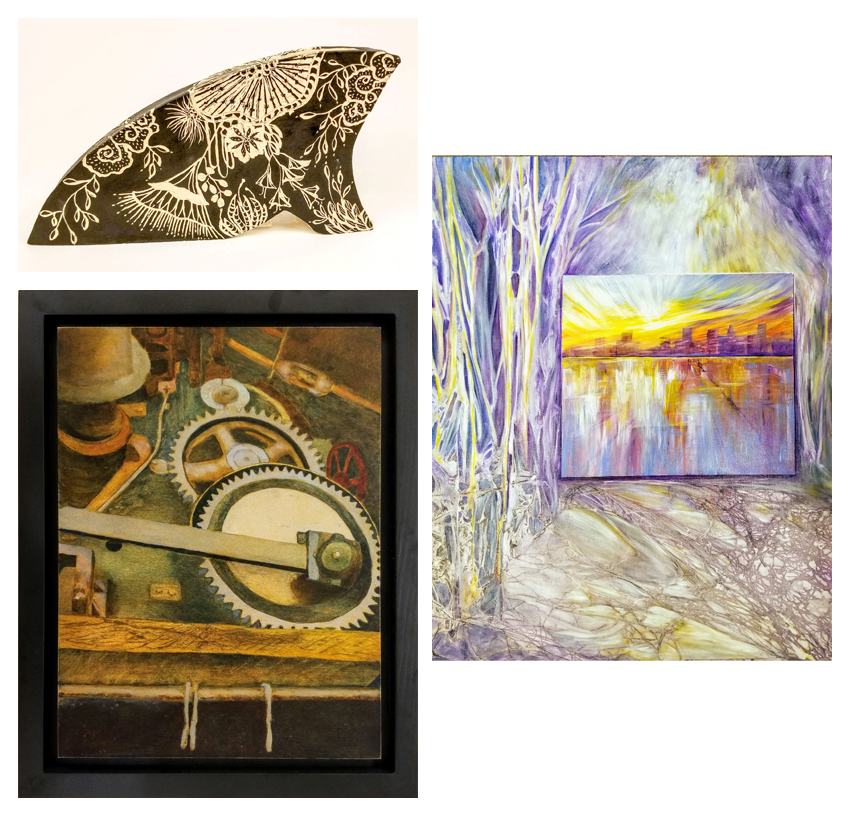 three images of artwork available for auction for the mfsm benefit gala